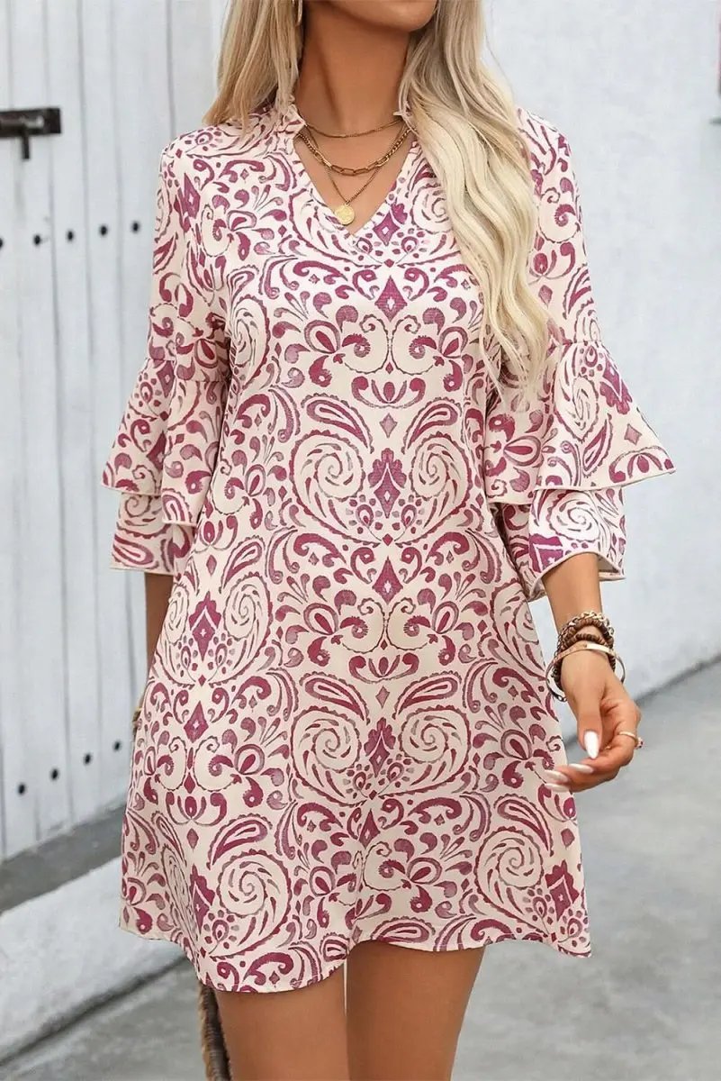 Pink Paisley Print Tiered 3/4 Sleeve Notched Neck Mini Dress - Love Salve